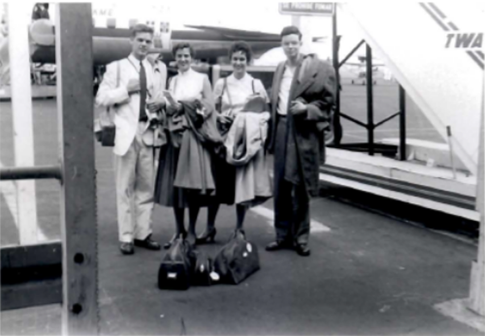 Ted Curran, Gay Humphrey, Jeri Lidsky, and Francis B. Randall standing at Idlewild (now JFK International Airport)