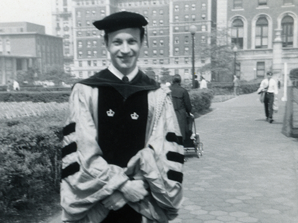 Black and white image of István Deák on Columbia's campus. Links to event information.