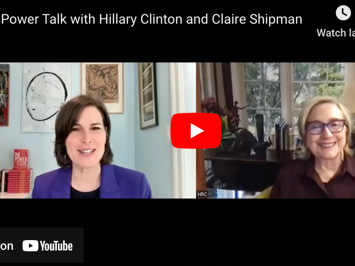 YouTube still of Claire Shipman and Hilary Clinton during their discussion. Links to a news item about their conversation.