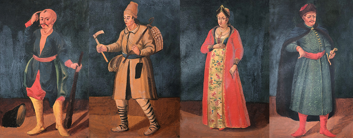 Image of four paintings: A Litwin (Belarusian) Beekeeper, a Zaporozhian Cossack, a Ukrainian Noble Woman, and a Ukrainian Nobleman. All courtesy of the Nationalmuseum, Stockholm. Photos by N. Knight).