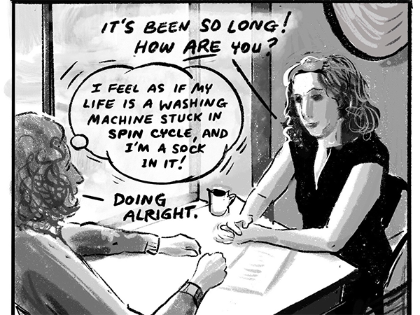 2023-11-30 Anya Ulinich Event Graphic drawing of two women talking to one another at a table. Image links to event page.