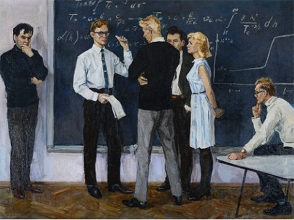 Painting of people in front of a chalkboard. Image links to event page.