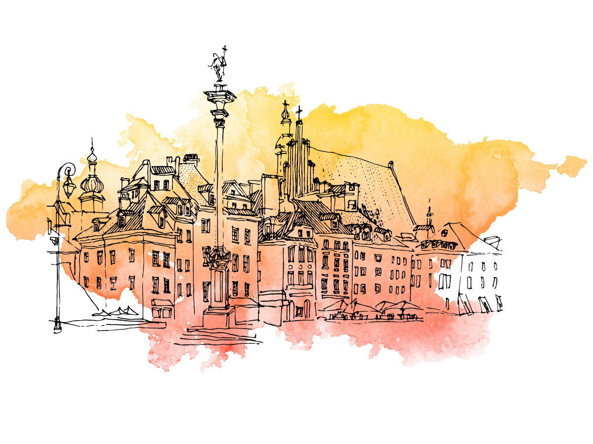 Pencil drawing of Warsaw's main square with a colorful cloud background