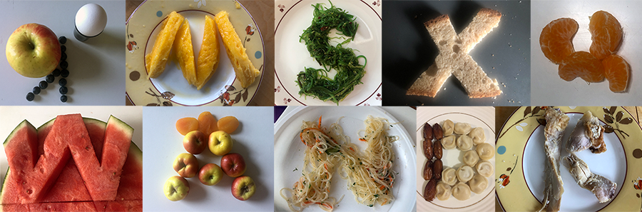 Photos of food arranged into letters of the Roman and Cyrillic alphabets.