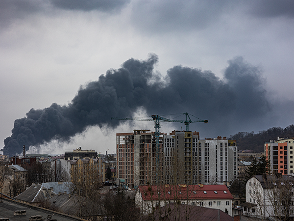 Destruction due to strike on oil storage unit during Russia-Ukraine war. Image links to event page.