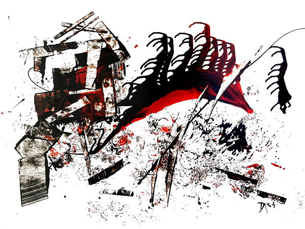 Photo of a 2004 painting called Bulldozer Exhibition. The original is enamel on cardboard, 27-1/2 x 39-3/8 in.