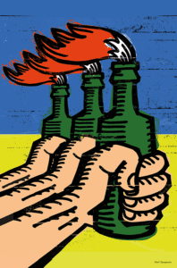 Hands holding green bottles with fire coming out in front of Ukrainian flag colored background