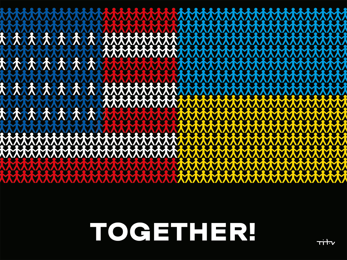 article p6 Together! Nikita Titov American and Ukrainian flags made of people that says TOGTHER! beneath.