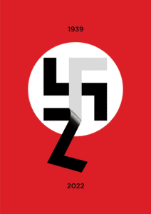 Swastika with Z falling off. "1936" written above, "2022" written below